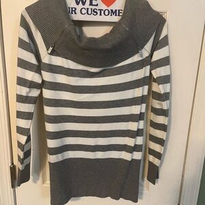 Guess Gray and White Striped Cowl Neck Sweater